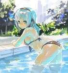  1girl absurdres aqua_eyes ass bikini black_bikini black_hairband blue_hair blush breasts character_request day hairband highres long_hair looking_at_viewer outdoors pool puribate_(helgoland) sideboob solo swimsuit wading water 