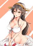  10s 1girl bikini black_hair blush breast_suppress breasts collarbone front-tie_bikini front-tie_top hair_ornament hairclip haruna_(kantai_collection) headgear highres kantai_collection large_breasts lifebouy long_hair looking_at_viewer open_mouth remodel_(kantai_collection) sarong sezoku solo striped striped_background swimsuit teeth upper_body yellow_eyes 
