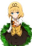  1girl absurdres alternate_costume bangs black_hairband black_legwear black_shoes black_skirt blonde_hair blue_eyes blunt_bangs blush bow bowtie breasts buttons closed_mouth collared_shirt commentary_request eyebrows_visible_through_hair from_above full_body gochuumon_wa_usagi_desu_ka? grass hairband highres kirima_sharo loafers long_sleeves looking_at_viewer mottsun_(i_40y) orange_bow orange_bowtie outstretched_arm pantyhose rabbit_house_uniform seiza shirt shoes short_hair sitting skirt small_breasts smile solo uniform v vest wavy_hair white_background white_shirt wing_collar yellow_vest 