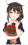  1girl :d ahoge bangs black_hair blue_eyes blush bouquet braid dated eyebrows_visible_through_hair fingernails flower frame hair_between_eyes hair_flaps hair_ornament hairpin half-closed_eyes holding holding_bouquet jewelry kantai_collection long_hair looking_at_viewer naoto_(tulip) open_mouth pinky_out red_rose remodel_(kantai_collection) ring rose school_uniform serafuku shigure_(kantai_collection) short_sleeves simple_background single_braid smile solo upper_body wedding_band white_background 