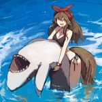  1girl :d bare_shoulders bikini black_bikini breasts brown_hair collarbone day fang fish hair_between_eyes head_scarf holding_fish lansane long_hair looking_at_viewer medium_breasts open_mouth original outdoors ribbon shark side-tie_bikini signature smile solo swimsuit tail tsana_(lansane) wading water wolf_tail wristband yellow_eyes 