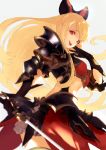  1girl armor blonde_hair gloves granblue_fantasy looking_at_viewer midriff nido_celisius red_eyes skirt solo sword vira weapon 