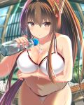 10s 1girl bikini blush bottle breasts brown_hair bust_cup closed_mouth collarbone day eyebrows_visible_through_hair gluteal_fold hair_between_eyes hair_intakes highres kantai_collection kuroame_(kurinohana) large_breasts leaning_forward long_hair looking_at_viewer navel outdoors plump ponytail red_eyes shiny shiny_hair skindentation solo swimsuit very_long_hair water_bottle white_bikini yamato_(kantai_collection) 