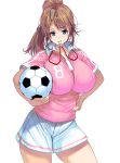  1girl ball blue_eyes breasts brown_hair erect_nipples hand_on_hip highres large_breasts long_hair looking_at_viewer masao original ponytail shorts simple_background smile soccer_ball soccer_uniform solo sportswear whistle white_background 