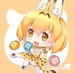  1girl animal_ears blush bow bowtie chibi eyebrows_visible_through_hair kemono_friends looking_at_viewer matching_hair/eyes open_mouth orange_bow orange_bowtie orange_eyes orange_hair orange_legwear serval_(kemono_friends) serval_ears shibi short_hair smile solo thigh-highs twitter_username 