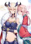  2girls absurdres artoria_pendragon_lancer_(fate/grand_order) bandaged_eyes bangs blonde_hair braid breasts cloak closed_mouth crossed_arms earrings fate/grand_order fate_(series) floral_print florence_nightingale_(fate/grand_order) flower fur_trim gauntlets hair_between_eyes hair_flower hair_ornament highres horns japanese_clothes jewelry kimono large_breasts multiple_girls navel parted_lips pink_hair red_kimono saber sidelocks simple_background smile smug translated upper_body violet_eyes white_background white_flower wife_and_wife yellow_eyes yorukun 
