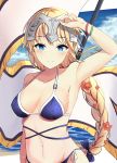  1girl absurdres blonde_hair blue_eyes blush braid breasts cleavage color1087 eyebrows_visible_through_hair fate/apocrypha fate/grand_order fate_(series) flower hair_flower hair_ornament highres large_breasts long_hair looking_at_viewer navel ruler_(fate/apocrypha) smile solo upper_body 