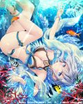  1girl angel_wings anklet bare_shoulders blue_eyes blush bracelet breasts bubble cleavage closed_mouth company_name eyebrows_visible_through_hair falkyrie_no_monshou fish jewelry large_breasts looking_at_viewer natsumekinoko navel short_hair silver_hair smile solo underwater wings 