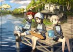  3girls aki_(girls_und_panzer) ankle_boots boots brown_eyes brown_hair bt-42 bucket commentary_request fish fishing fishing_rod girls_und_panzer green_eyes grey_skirt ground_vehicle hair_between_eyes hat highres instrument jacket kantele kawakami_rokkaku keizoku_military_uniform light_brown_hair long_hair mika_(girls_und_panzer) mikko_(girls_und_panzer) military military_vehicle miniskirt motor_vehicle multiple_girls pants pants_rolled_up pants_under_skirt pleated_skirt protected_link redhead river short_hair short_twintails skirt tank track_jacket track_pants twintails 