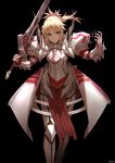  1girl aqua_eyes armor black_background blonde_hair famepeera fate/apocrypha fate_(series) gauntlets highres holding holding_sword holding_weapon long_hair looking_at_viewer ponytail saber_of_red simple_background smile solo sword weapon 