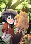  2girls animal_ears backpack bag between_legs black_hair black_legwear blonde_hair blush cover cover_page dappled_sunlight doujin_cover extra_ears face-to-face grass hair_between_eyes hat hat_feather kaban_(kemono_friends) kemono_friends looking_at_another multiple_girls on_ground outdoors pantyhose red_shirt serval_(kemono_friends) serval_ears serval_print serval_tail shikei_(jigglypuff) shirt short_hair short_sleeves shorts sitting sleeveless smile sunlight sweatdrop t-shirt tail tree under_tree yellow_eyes 