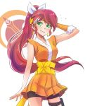  1girl blush bow check_commentary commentary commentary_request crunchyroll emblem green_eyes hair_bow hand_behind_head iesupa japanese_clothes long_hair mascot ponytail pyrrha_nikos redhead rwby smile solo tiara 