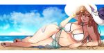  1girl artist_name beach bikini blue_sky blush breasts brown_hair cleavage clouds cloudy_sky criss-cross_halter etsem full_body girls_frontline gluteal_fold green_eyes hair_between_eyes halterneck hat jpeg_artifacts large_breasts letterboxed long_hair looking_at_viewer lying m1903_springfield_(girls_frontline) navel o-ring_bikini on_side outdoors sandals sarong sky solo sun_hat sunglasses sweat swimsuit thigh_gap 