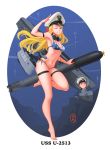  american_flag_bikini arm_strap artist_signature barefoot bikini blonde_hair blue_eyes character_name flag_print hair_ribbon hat headphones headphones_around_neck highres long_hair one_eye_closed pacific peaked_cap ribbon rigging salute side-tie_bikini sima_naoteng skindentation standing standing_on_one_leg swimsuit teeth thigh_strap torpedo u-2513_(pacific) 