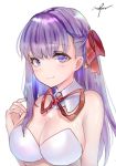 1girl bangs bb_(fate/extra_ccc) blush bra breasts cleavage closed_mouth detached_collar eyebrows_visible_through_hair fate/extra fate/extra_ccc fate_(series) hair_ribbon half_updo large_breasts long_hair looking_at_viewer mirutu neck_ribbon purple_hair red_ribbon ribbon signature simple_background smile solo strapless strapless_bra underwear upper_body violet_eyes white_background white_bra white_collar 