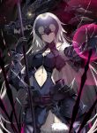  1girl armor armored_dress bangs bare_shoulders belt belt_buckle black_dress black_gloves blurry breasts buckle center_opening chains depth_of_field dragon dress eyebrows_visible_through_hair fate/grand_order fate_(series) fur-trimmed_legwear fur_trim gauntlets gloves headpiece highres holding holding_weapon jeanne_alter large_breasts light_particles long_hair looking_at_viewer lucky_(1045044604) outstretched_arm parted_lips ruler_(fate/apocrypha) silver_hair sleeveless sleeveless_dress smile solo standing thigh-highs very_long_hair weapon 