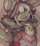  1girl :3 animal_ears big_hat fang flat_chest fur goat_eyes looking_at_viewer made_in_abyss nanachi_(made_in_abyss) neonraizu open_mouth simple_background smile solo tail whiskers white_hair yellow_eyes 