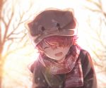  1boy bandaid bandaid_on_nose blurry blush closed_eyes depth_of_field fukase hair_over_one_eye redhead scarf smile solo tamagoyaki_(glasses-daisuki) tree upper_body vocaloid winter_clothes 