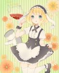  1girl :o animal_ears apron aqua_eyes bangs black_shoes black_skirt blonde_hair blunt_bangs blush bolo_tie chestnut_mouth commentary_request cup english fake_animal_ears flat_chest fleur_de_lapin_uniform floppy_ears floral_background flower frilled_apron frilled_cuffs frilled_shirt frilled_skirt frills gochuumon_wa_usagi_desu_ka? green_background happy_birthday highres kirima_sharo looking_at_viewer maid_headdress open_mouth potamaru puffy_short_sleeves puffy_sleeves rabbit_ears saucer shirt shoes short_hair short_sleeves skirt skirt_hold solo standing standing_on_one_leg striped tea teacup teapot thigh-highs underbust vertical-striped_background vertical_stripes waist_apron wavy_hair white_apron white_legwear white_shirt wrist_cuffs zettai_ryouiki 