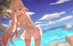  10s 1girl 3: absurdres aida bare_shoulders blue_sky blurry breasts closed_mouth cowboy_shot day depth_of_field hair_ornament hairclip halterneck highres kantai_collection leaning_forward light_brown_hair long_hair looking_at_viewer outdoors red_eyes see-through_silhouette sky small_breasts solo towel very_long_hair yuudachi_(kantai_collection) 
