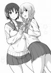  2girls :d asymmetrical_hair bangs blush braid collarbone don_(don_0608) eyebrows_visible_through_hair greyscale hagino_chiaki hair_between_eyes hand_holding hands_up highres hinako_note interlocked_fingers long_sleeves looking_at_viewer looking_back low_twintails monochrome multiple_girls open_mouth pleated_skirt sakuragi_hinako school_uniform serafuku short_hair_with_long_locks side_braid skirt smile star starry_background sweater thighs twintails 