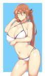  1girl bare_shoulders bikini blue_background blush breasts brown_hair cleavage eyebrows_visible_through_hair girls_frontline highres large_breasts long_hair looking_at_viewer looking_back m1903_springfield_(girls_frontline) navel o-ring_top simple_background solo swimsuit thighs urec very_long_hair white_bikini 