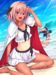  1boy beach bikini braid cape fang fate/apocrypha fate/grand_order fate_(series) frilled_bikini frills fur_trim hair_ribbon highres long_hair male_focus navel one-piece_tan open_mouth pink_hair ribbon rider_of_black sand single_braid sitting smile solo swimsuit takayama_shirane tan tanline trap two_piece v very_long_hair violet_eyes water 