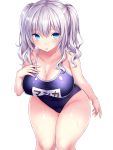  10s 1girl blue_eyes breasts cleavage competition_school_swimsuit eyebrows_visible_through_hair from_above hair_between_eyes hand_on_own_chest hat highres kantai_collection kashima_(kantai_collection) large_breasts long_hair looking_at_viewer name_tag plump school_swimsuit silver_hair simple_background solo swimsuit thick_thighs thighs tsukumiya_amane two_side_up wet white_background wide_hips 