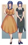  2girls alternate_costume arm_at_side belt blue_eyes blue_hair blue_shoes brown_dress brown_shoes drawfag dress hand_up hands_together hikari_(pokemon) jewelry looking_at_viewer multiple_girls necklace pokemon pokemon_(anime) salvia_(pokemon) shoes standing 