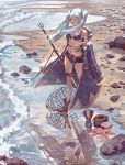  1girl beach bikini cloak female_my_unit_(fire_emblem_if) fire_emblem fire_emblem:_kakusei highres holding holding_weapon my_unit_(fire_emblem:_kakusei) my_unit_(fire_emblem_if) ocean polearm reflection solo swimsuit trident twintails weapon white_hair 