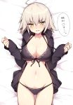  1girl ahoge bags_under_eyes bikini black_bikini breasts cleavage cowboy_shot eyebrows_visible_through_hair fate/grand_order fate_(series) front-tie_bikini front-tie_top halterneck haruyuki_(yukichasoba) highres jacket jeanne_alter large_breasts light_brown_hair looking_at_viewer lying navel on_back open_clothes open_jacket open_shirt ruler_(fate/apocrypha) shirt short_hair sleeves_past_wrists smile solo swimsuit yellow_eyes 