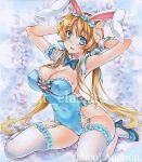  1girl animal_ears arm_scrunchie armpits arms_up artist_name at_classics bangs blonde_hair blue_bow blue_bowtie blue_eyes blush bow bowtie breasts bunny_pose bunnysuit covered_navel detached_collar erect_nipples eyebrows_visible_through_hair fake_animal_ears fang frills full_body garter_straps hairband high_heels large_breasts long_hair looking_at_viewer open_mouth original rabbit_ears sample sitting smile solo thigh-highs traditional_media very_long_hair watermark white_legwear wrist_cuffs 