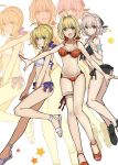  &gt;:d 3girls :d ahoge arm_garter ass bare_legs bikini black_bikini blonde_hair blue_eyes braid breasts closed_mouth crown_braid dutch_angle eyes_visible_through_hair fate/extra fate/grand_order fate/stay_night fate_(series) frilled_bikini frills front-tie_bikini front-tie_top frown green_eyes hair_intakes hair_ribbon highres koha-ace leg_garter leg_up looking_at_viewer medium_breasts multiple_girls navel open_mouth outstretched_arms pink_hair ribbon saber saber_extra sakura_saber sandals side-tie_bikini simple_background small_breasts smile star swimsuit teshima_nari white_background white_bikini zoom_layer 