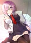  1girl bangs bedroom black_dress blanket blush closed_mouth dress eyebrows_visible_through_hair fate/grand_order fate_(series) hair_over_one_eye hand_on_own_chest hijiri_ruka hood hoodie indoors lavender_hair looking_at_viewer lying necktie on_back on_bed open_clothes open_hoodie panties panty_pull pantyhose pantyhose_pull pillow purple_hair red_necktie shielder_(fate/grand_order) short_dress short_hair solo underwear violet_eyes 