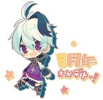  1girl androgynous anniversary boots chibi drop_shadow flower_(vocaloid) flower_(vocaloid4) hood hooded_jacket jacket miwasiba multicolored_hair open_mouth short_hair simple_background sleeveless smile solo star streaked_hair violet_eyes vocaloid white_background 