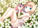  1girl aqua_eyes bangs bare_shoulders blonde_hair blunt_bangs blush breasts chinomaron closed_mouth commentary_request dated day dress eyebrows_visible_through_hair eyepatch field flower flower_field from_above gochuumon_wa_usagi_desu_ka? highres kirima_sharo legs_together lily_(flower) looking_at_viewer lying on_side outdoors petals see-through short_hair signature sleeveless sleeveless_dress small_breasts smile solo stuffed_animal stuffed_bunny stuffed_toy white_dress 
