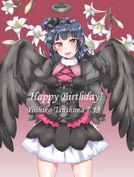  1girl black_bow blue_hair blush bow breasts character_name dated eyebrows_visible_through_hair flower hair_bow hair_bun hands_on_hips happy_birthday highres kaisou_(0731waka) large_breasts long_hair long_sleeves looking_at_viewer love_live! love_live!_sunshine!! parted_lips pink_eyes smile solo tsushima_yoshiko wings 