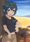  1girl black_hair blush green_eyes hatafuta highres hot kaban_(kemono_friends) kemono_friends midriff navel shirt_lift short_hair shorts shorts_pull solo sweat sweating 