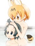  2girls :3 animal_ears black_eyes black_hair blonde_hair collarbone commentary_request forehead hair_between_eyes highres kaban_(kemono_friends) kemono_friends looking_at_another multiple_girls navel nude open_mouth partially_submerged sat-c serval_(kemono_friends) serval_ears serval_tail short_hair steam tail upper_body water yellow_eyes 
