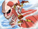  bald battle crossover god_of_war highres kratos loincloth scar shingeki_no_kyojin sword tattoo titan_(shingeki_no_kyojin) weapon white_skin 
