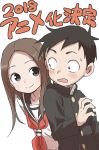  1boy 1girl absurdres announcement_celebration black_hair blush brown_hair commentary_request forehead gakuran highres karakai_jouzu_no_takagi-san long_hair neckerchief nishikata school_uniform serafuku short_hair simple_background sweatdrop takagi-san white_background yamamoto_souichirou 