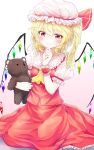  1girl ascot bangs blonde_hair blush bow buttons closed_mouth collar flandre_scarlet frilled_collar frills hand_on_own_chin hat hat_bow highres holding holding_stuffed_animal kisamu_(ksmz) looking_at_viewer mob_cap red_bow red_eyes red_skirt short_sleeves side_ponytail simple_background skirt skirt_set smile solo stuffed_animal stuffed_toy teddy_bear touhou white_background white_hat wristband 