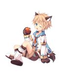  1boy ;o amemiya_ruki animal_ears apple aura_kingdom bitten_apple blonde_hair boots fang food fruit full_body holding legs_crossed long_sleeves looking_at_viewer male_focus one_eye_closed pom_pom_(clothes) short_hair shorts sitting solo tail transparent_background wolf_ears wolf_paws wolf_tail 