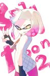 +_+ 1girl :d bare_shoulders cowboy_shot crown domino_mask dress fang fingerless_gloves gloves looking_at_viewer looking_back mask mole mole_under_mouth multicolored_hair open_mouth pantyhose pearl_(splatoon) pink_hair pink_legwear pointy_ears pose roll_okashi short_hair simple_background sleeveless sleeveless_dress smile solo splatoon splatoon_2 symbol-shaped_pupils two-tone_hair v white_background white_hair yellow_eyes