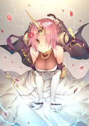  1girl :t bangs bare_shoulders berserker_of_black breasts bridal_veil closed_mouth commentary_request dress elbow_gloves electricity eyebrows_visible_through_hair fate/apocrypha fate_(series) gloves hair_over_one_eye headgear horn khanshin leaning_forward light_particles looking_at_viewer medium_breasts petals pink_hair pout see-through solo veil white_dress white_gloves yellow_eyes 