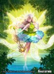  1girl bare_shoulders barefoot blonde_hair copyright_name crown curly_hair fairy_wings flower force_of_will gloves green_eyes leaf long_hair misa_tsutsui official_art solo sparkle staff water wings 