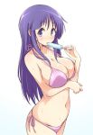  1girl bangs bikini blush breasts cleavage collarbone commentary_request cowboy_shot eyebrows_visible_through_hair food hinata_yukari holding holding_food large_breasts licking long_hair looking_at_viewer mel_(melty_pot) navel open_mouth pink_bikini popsicle purple_hair side-tie_bikini sidelocks simple_background solo standing stomach sweat swimsuit violet_eyes white_background yuyushiki 