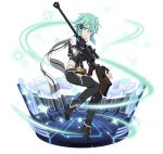 1girl black_gloves black_legwear black_shoes black_shorts blue_eyes blue_hair fingerless_gloves full_body gloves gun hair_between_eyes hair_ornament hairclip holding holding_gun holding_weapon looking_at_viewer pgm_hecate_ii rifle scarf shinon_(sao) shoes short_hair_with_long_locks short_shorts shorts sidelocks simple_background smile solo sword_art_online weapon white_background 