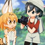  2girls :d animal_ears backpack bag bare_shoulders black_eyes black_hair black_legwear blonde_hair blurry blurry_background bow bowtie brown_eyes bucket_hat camera commentary_request day elbow_gloves extra_ears gloves hat hat_feather highres holding holding_camera kaban_(kemono_friends) kemono_friends looking_at_another multiple_girls open_mouth outdoors pantyhose pantyhose_under_shorts red_shirt sat-c serval_(kemono_friends) serval_ears serval_print shirt short_hair shorts sleeveless sleeveless_shirt smile 