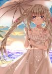  1girl bangs bare_shoulders beach blonde_hair blue_eyes clouds cloudy_sky collarbone cowboy_shot dress eyebrows_visible_through_hair fate/apocrypha fate_(series) flower hair_ornament holding holding_umbrella horizon light_smile long_hair looking_at_viewer marie_antoinette_(fate/grand_order) marie_antoinette_(swimsuit_caster)_(fate) ocean off-shoulder_dress off_shoulder outdoors seashell shell sidelocks sky solo starfish starfish_hair_ornament sun sundress twilight twintails umbrella very_long_hair white_dress yuihira_asu 